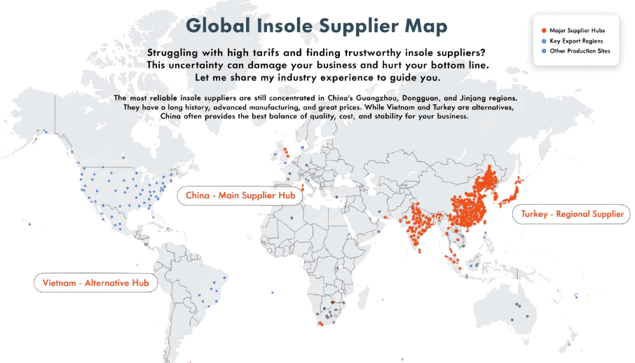 A map showing different manufacturing hubs for insoles around the world