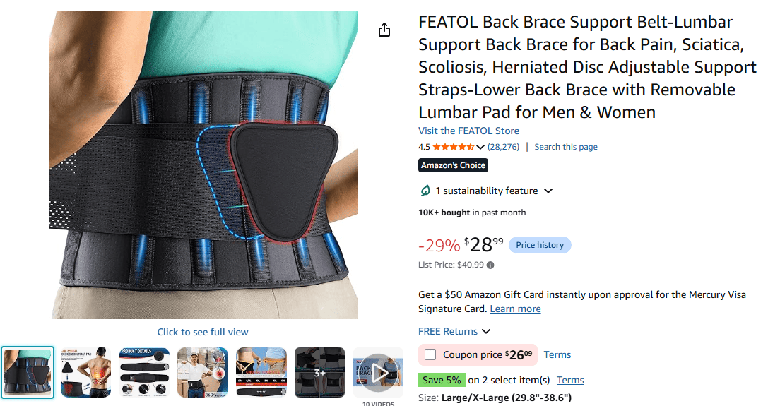 FEATOL Back Brace Support Belt