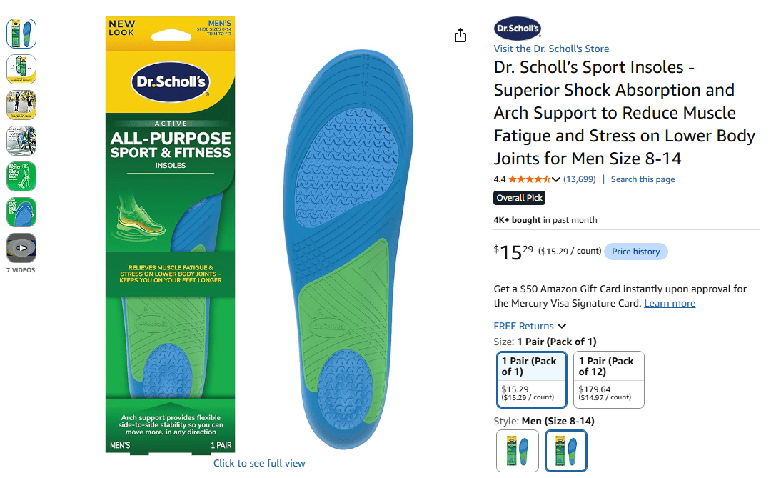 Dr. Scholl's Performance Running Insoles with moisture-wicking top layer and polymer gel cushioning technology