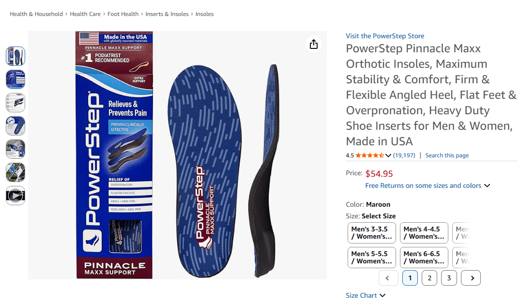 Powerstep Pinnacle Maxx Insoles featuring firm arch support and dual-layer cushioning system