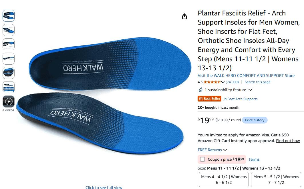 Walk Hero Comfort and Support Insoles with memory foam construction and reinforced arch plate