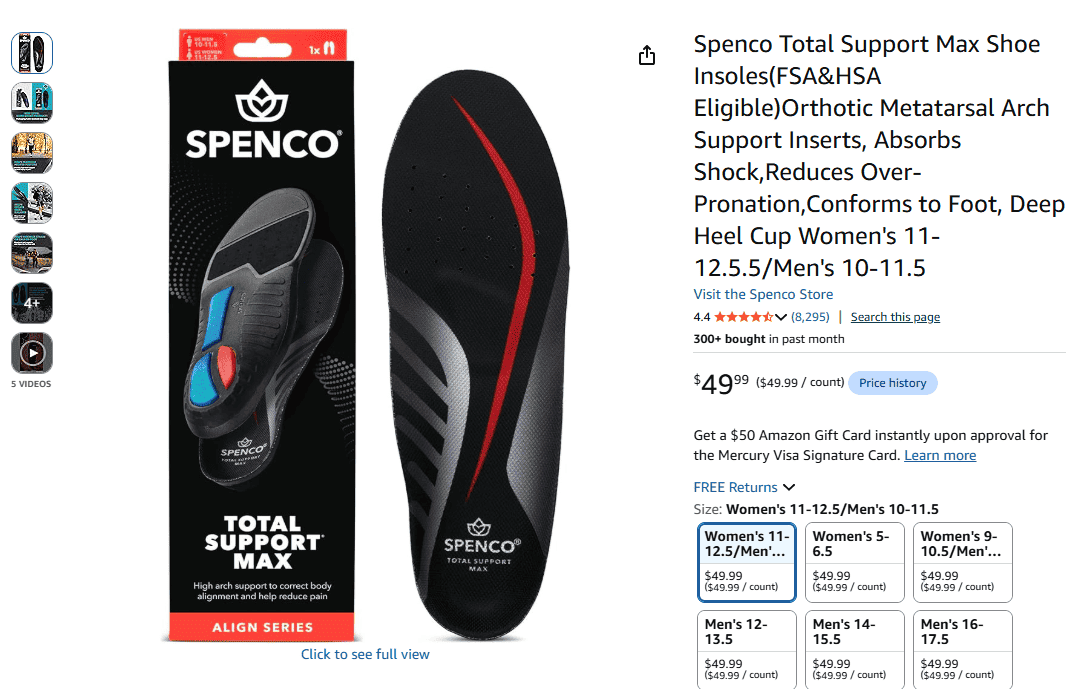 Spenco Total Support Max Insoles with 3-pod cushioning system and antimicrobial top cover