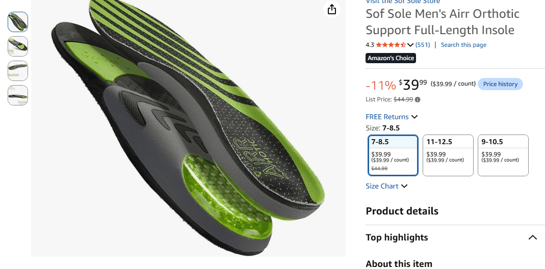 Sof Sole Airr Orthotic Insoles with visible air chambers and polymer gel heel pad technology