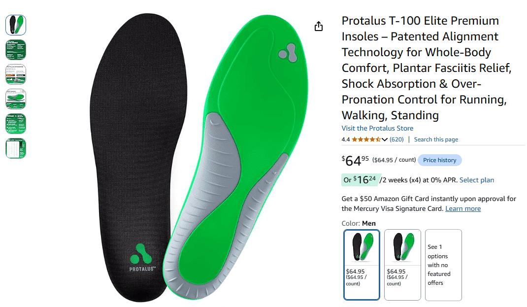 Protalus T-100 Elite Insoles showing patented alignment technology and angled heel cup design