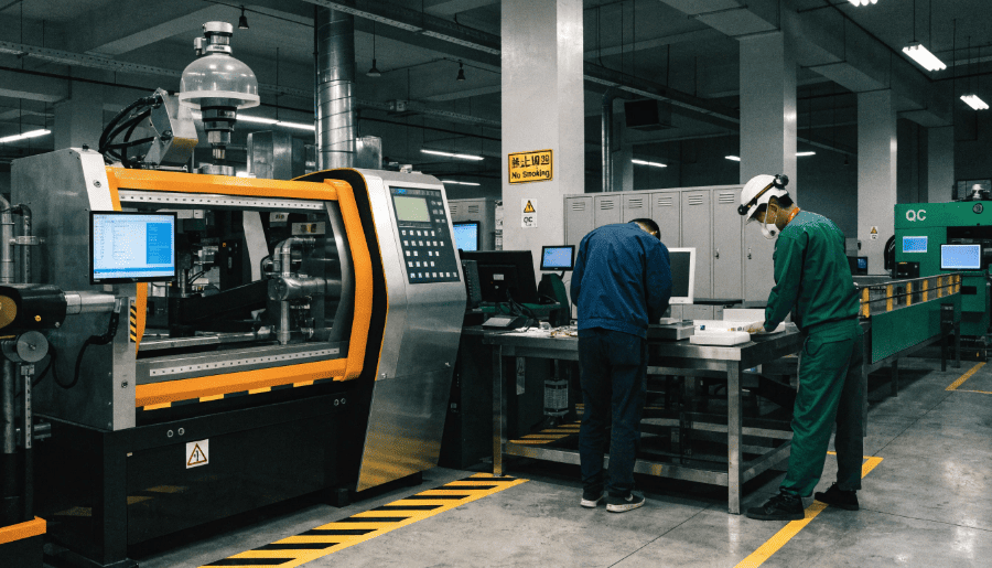 A custom insole manufacturing facility showing precision molding equipment and quality inspection stations