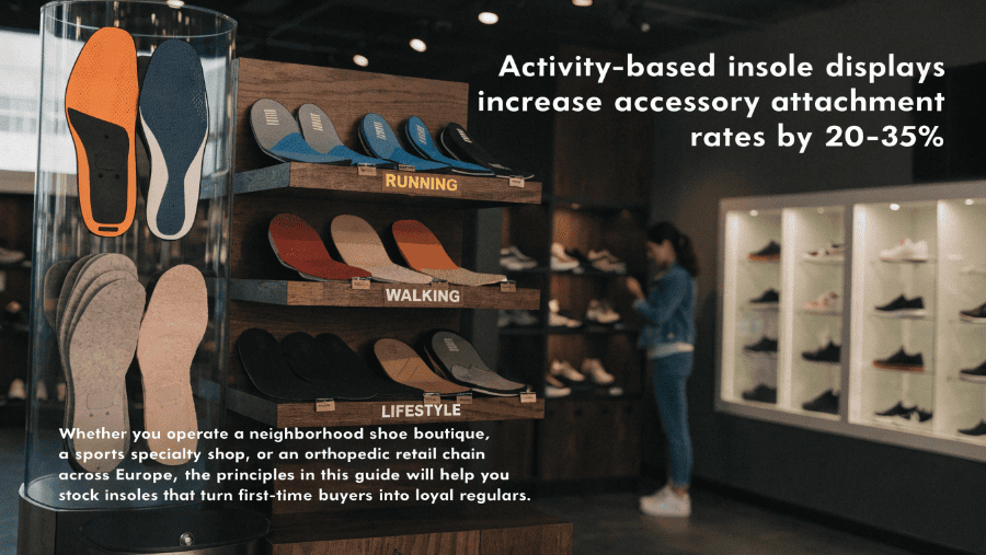 A shoe retailer organizing insoles by activity type on store shelves — running, work, and pain relief sections