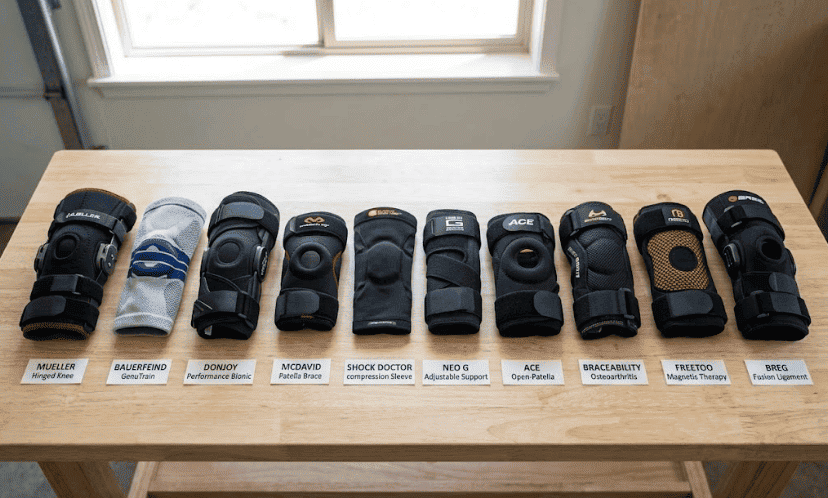Medisolemates Testing Laboratory showing 37 knee brace models being analyzed by technicians with pressure mapping equipment