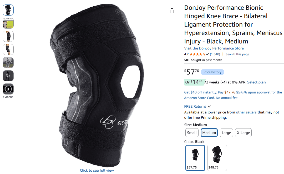 DonJoy Performance Bionic Knee Brace with dual-axis aluminum hinges and neoprene construction