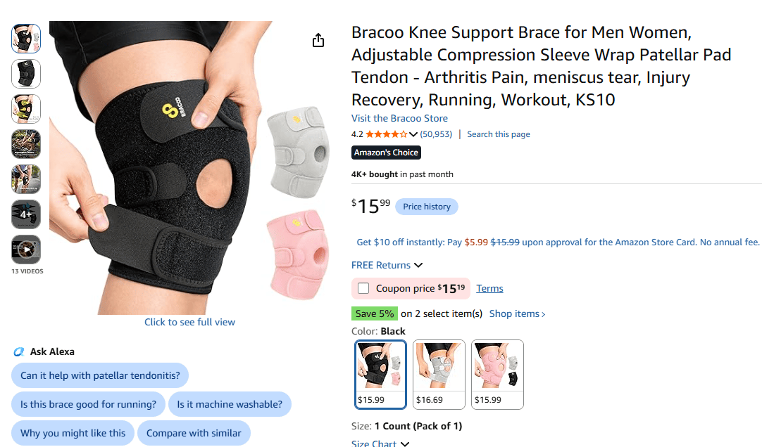 Bracoo Adjustable Compression Knee Support with open-patella design and three-strap Velcro system