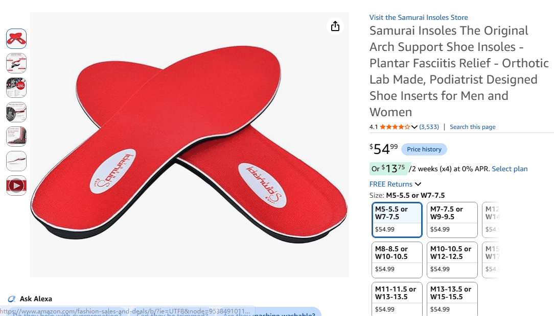 Samurai Insoles Original 3/4 orthotic inserts for plantar fasciitis