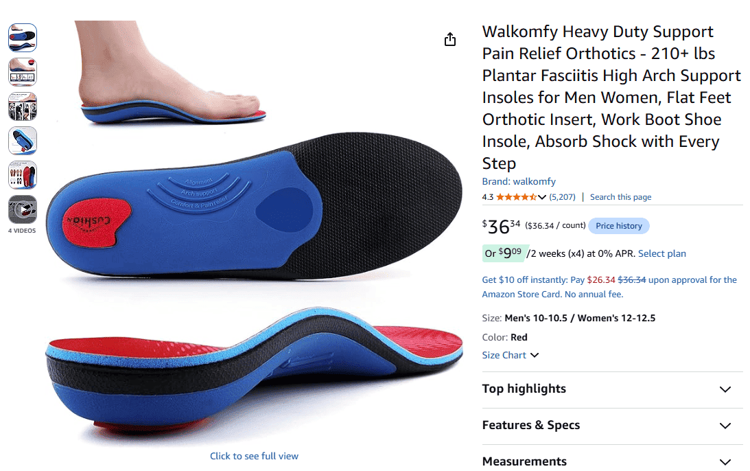 Walkomfy Plantar Fasciitis insoles with high arch support